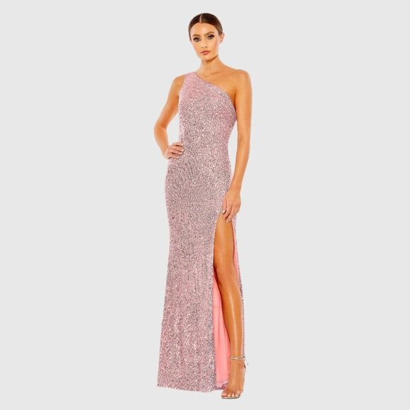 NWT Mac Duggal Sequined One Shoulder Draped Back Gown Light Pink 2 #9512 - Picture 1 of 8